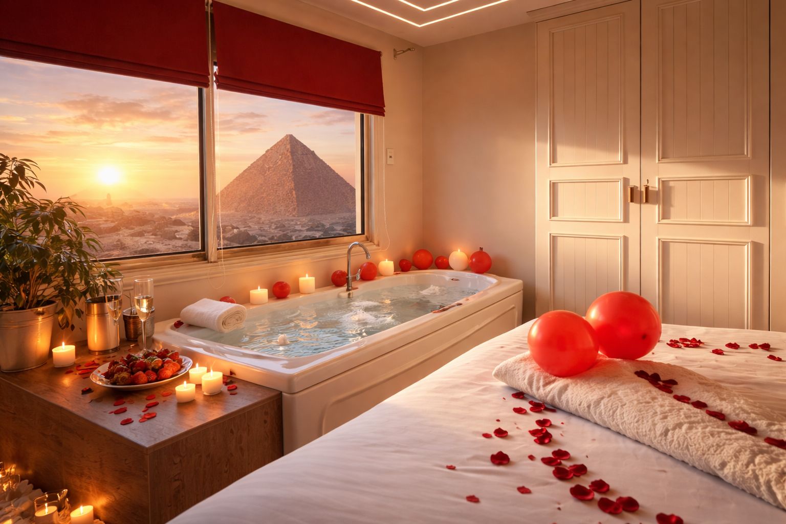 A room with a bathtub, a bed, a window with a view of a pyramid, and a potted plant.