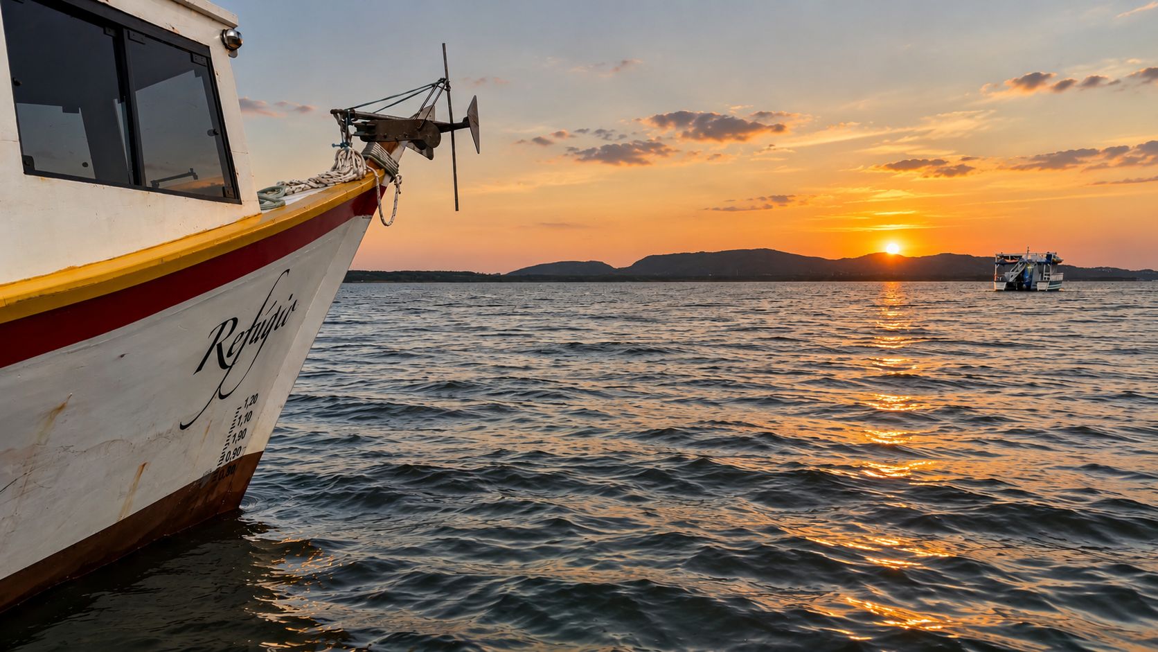 Ein Boot mit Namen und Preisliste, vor Anker in ruhigem Wasser bei Sonnenuntergang und in der Ferne Hügel.