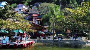 Un paisaje junto al río con una persona haciendo kayak, un muelle con barcos y un fondo de casas y árboles.