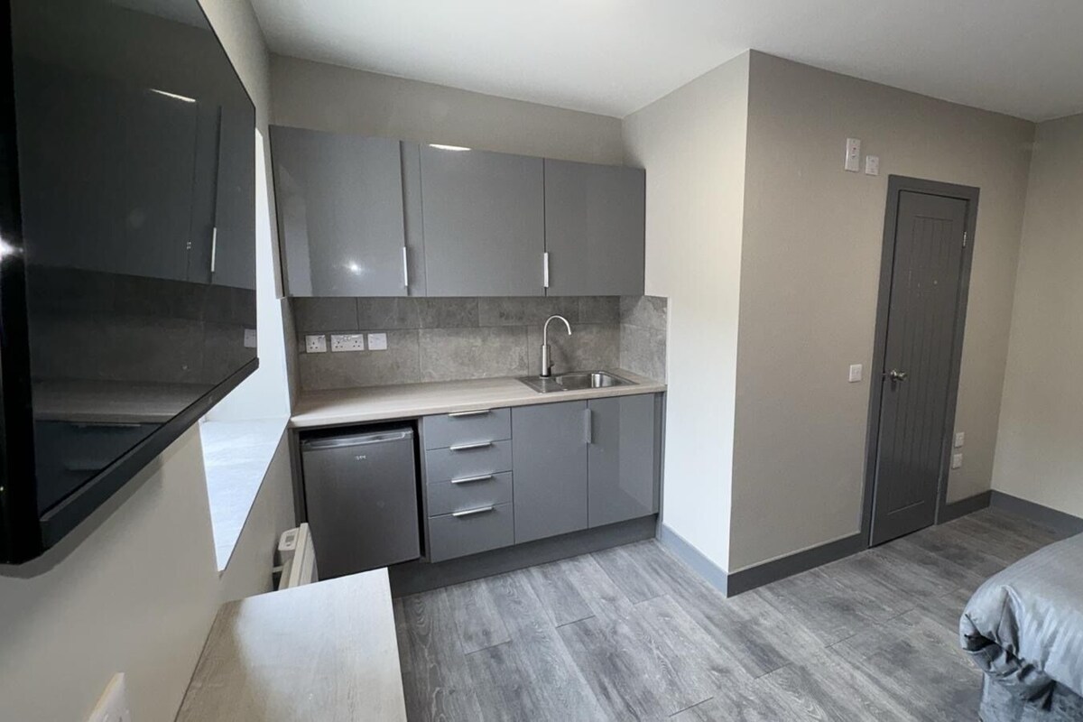 A compact bedroom with a bed, a small kitchenette, and a door.