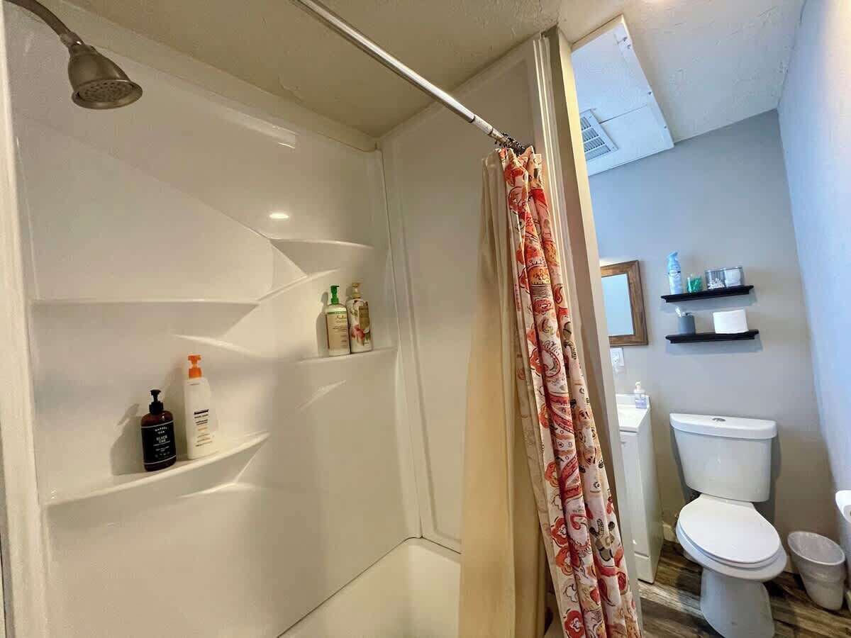 Hair dryer, towels, soap, toilet paper