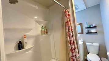 Hair dryer, towels, soap, toilet paper