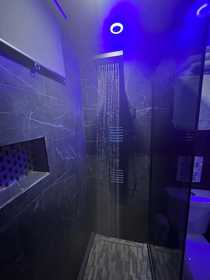 Shower, hair dryer, towels, soap