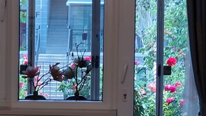A view through a window with a potted plant and a door. - ATRIUM FENGZHU HOMESTAY (Miyun)