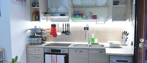 Frigorífico, microondas, horno y placa de cocina