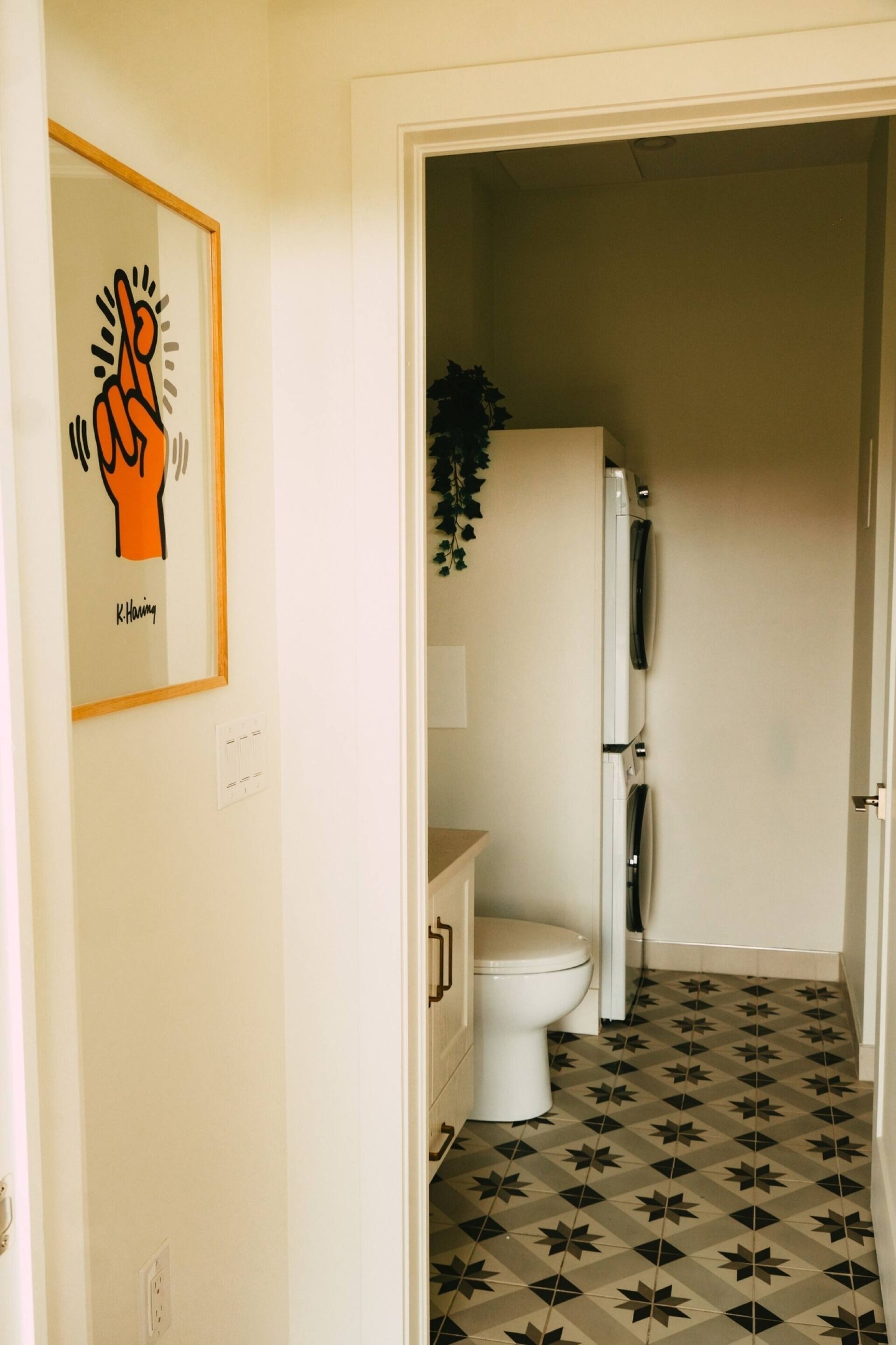 Een badkamer met een toilet, een witte wastafel en een koelkast. Er hangt een lijst met een afbeelding aan de muur en een plant.