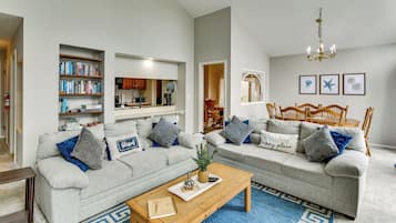 TV, fireplace, books