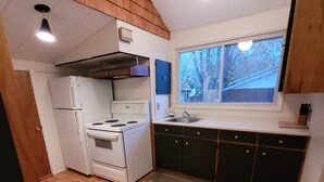 A compact kitchen with a stove, refrigerator, and a window overlooking a residential area.