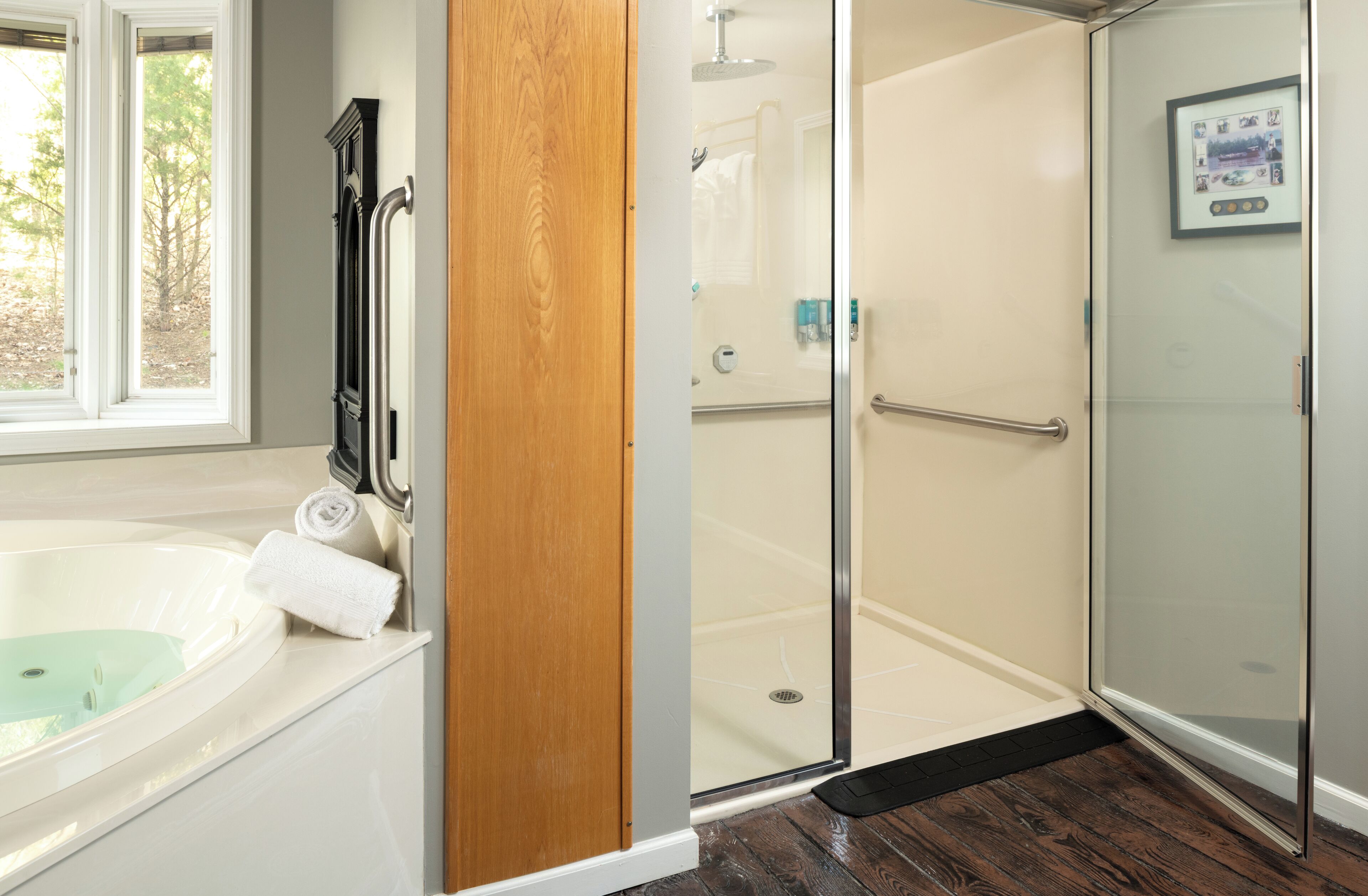 Shower, jetted tub, hair dryer, towels