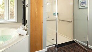 Shower, jetted tub, hair dryer, towels