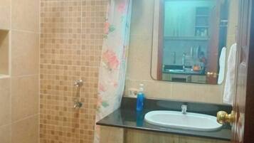 Hair dryer, towels, soap, toilet paper
