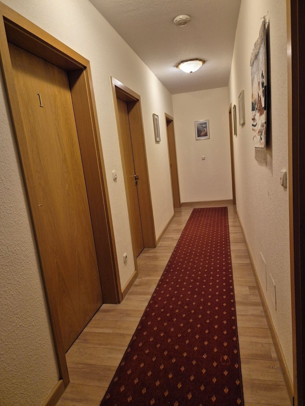 A hallway with wooden doors, a patterned carpet, and a light fixture on the ceiling.