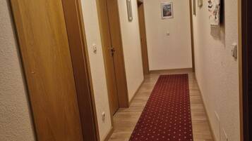 A hallway with wooden doors, a patterned carpet, and a light fixture on the ceiling.