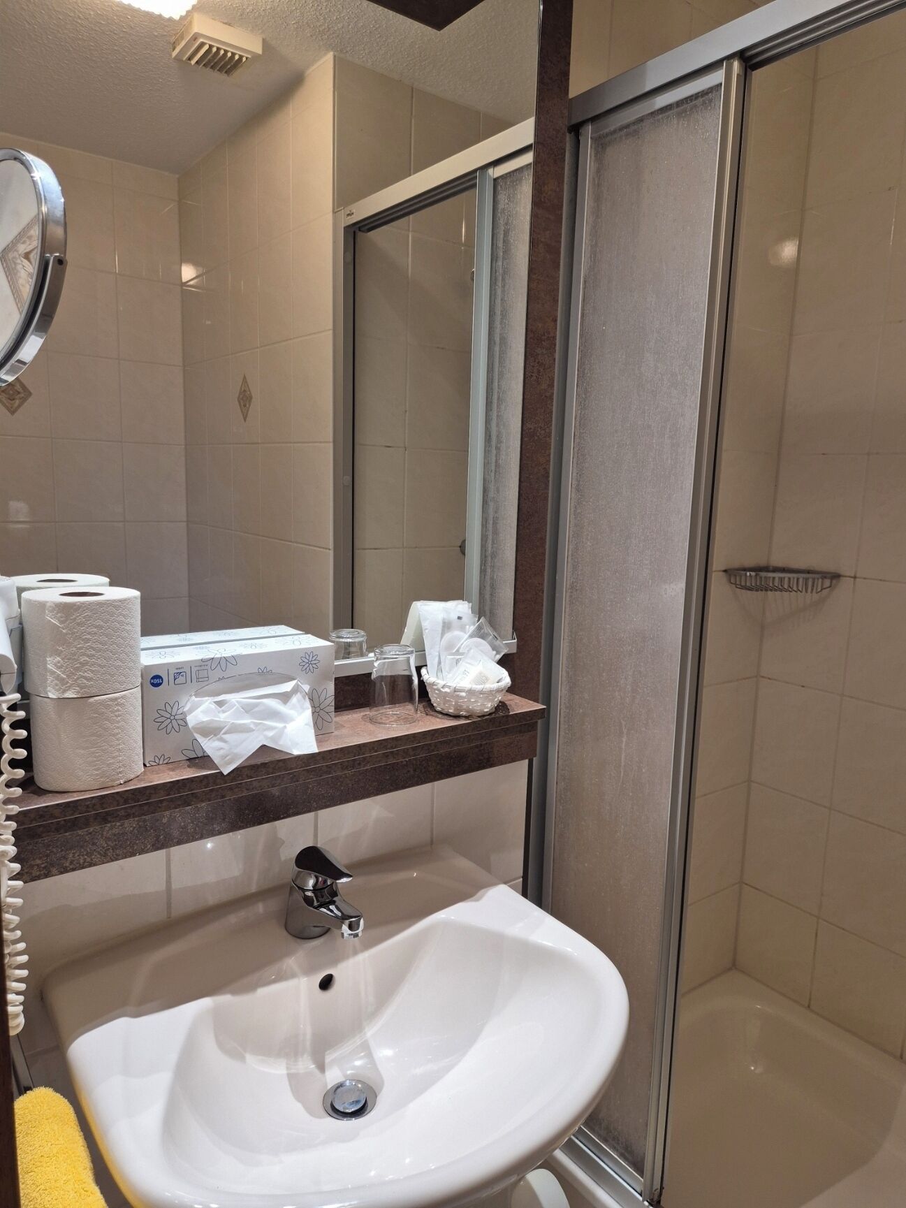 Un bagno con un lavandino bianco, uno specchio, una doccia e articoli da toilette sul ripiano.
