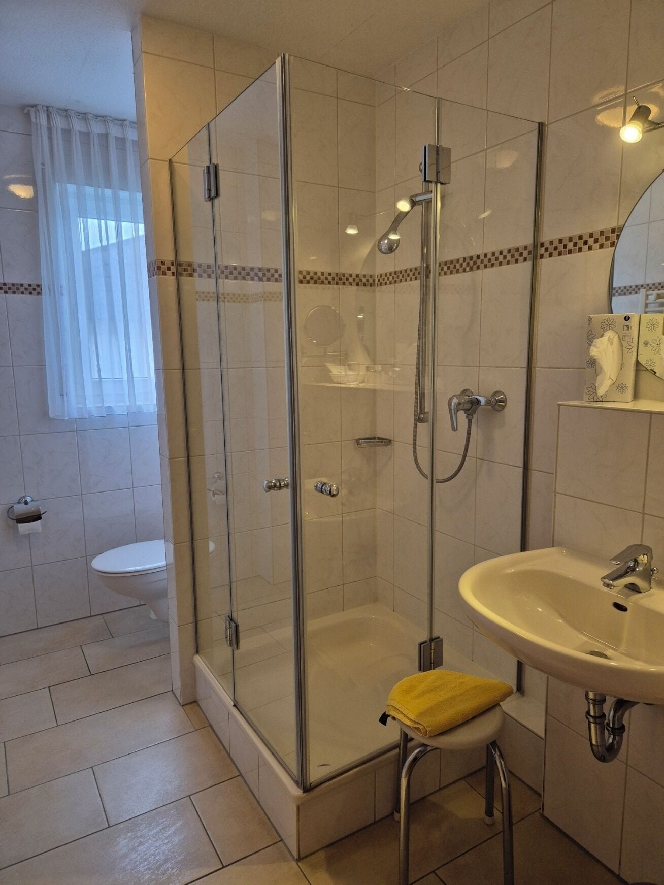 A modern bathroom with a glass-enclosed shower, a white sink, and a toilet.