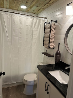 Hair dryer, towels, soap, shampoo
