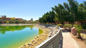 A serene outdoor area with a curved water feature, a paved walkway, and a variety of trees and shrubs. - Magnificent T2 with swimming pool (Marrakech)
