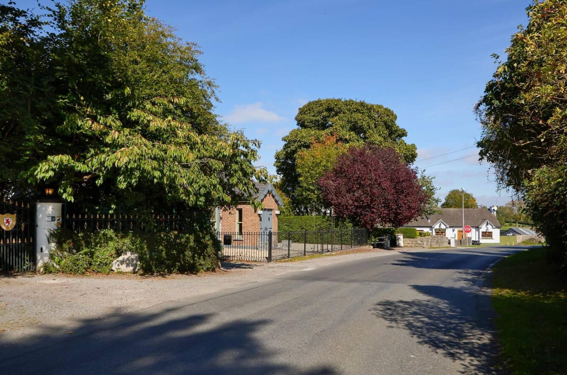 A rural road with a stop sign, a brick building, and a large tree with red leaves.