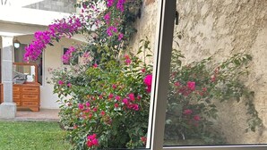 A kitchen with a window view of a garden and a wooden dresser. - Nice and Cozy for 6 in Pastores Antigua Guatemala, 8 min from downton Antigua  (Pastores)