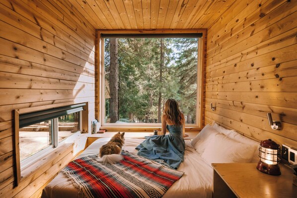 A cozy cabin interior with a large window, a bed with a blanket, a dog, and a nightstand with a lantern.