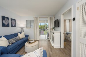 Smart TV, fireplace, books