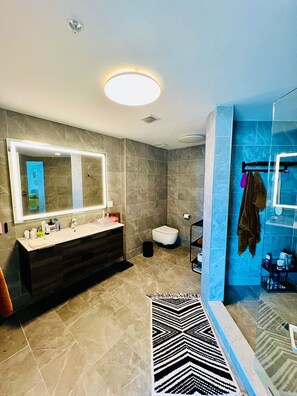 A modern bathroom with a large mirror, a dark vanity, a toilet, and a shower area.