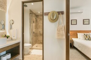 Hair dryer, towels, soap, shampoo