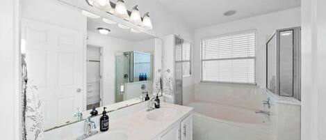 Hair dryer, towels, soap, shampoo