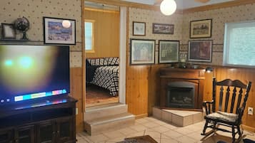 Smart TV, fireplace, DVD player, books
