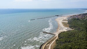 Ein Luftbild einer Küstenregion mit Strand, bewaldetem Gebiet und einer langen Mole, die ins Meer hineinreicht.