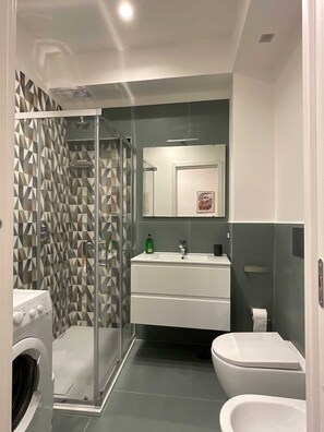 Shower, hair dryer, bidet, towels