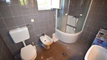 Hair dryer, bidet, towels, soap