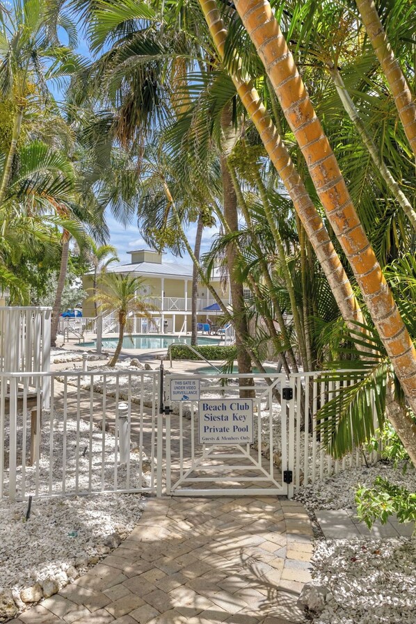A gated entrance to a private pool area with palm trees and a pool in the background.