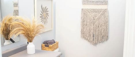 Hair dryer, towels, soap, toilet paper