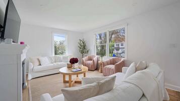 Smart TV, fireplace, books, offices