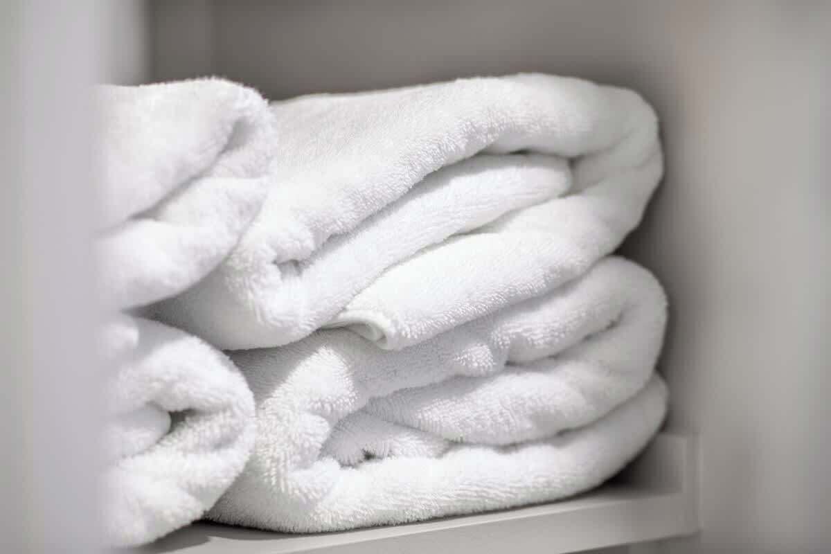 A stack of white towels in a white shelf.
