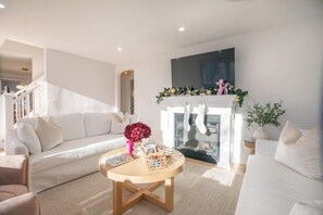 Télévision, cheminée, livres