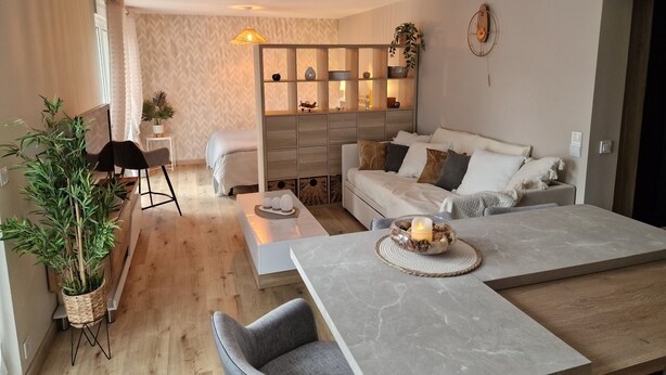 Ein modernes Wohnzimmer mit einer Couch, einem Esstisch, einem Couchtisch und einem Bücherregal.