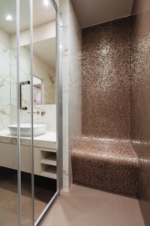 Hair dryer, bidet, towels, soap