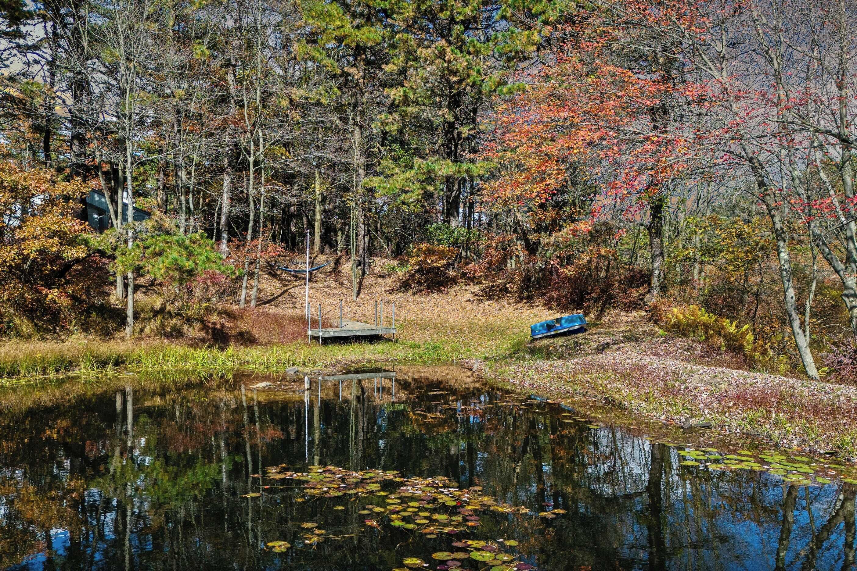 Ein friedlicher Teich, umgeben von Bäumen mit Herbstlaub, einer Anlegestelle und einem blauen Boot.