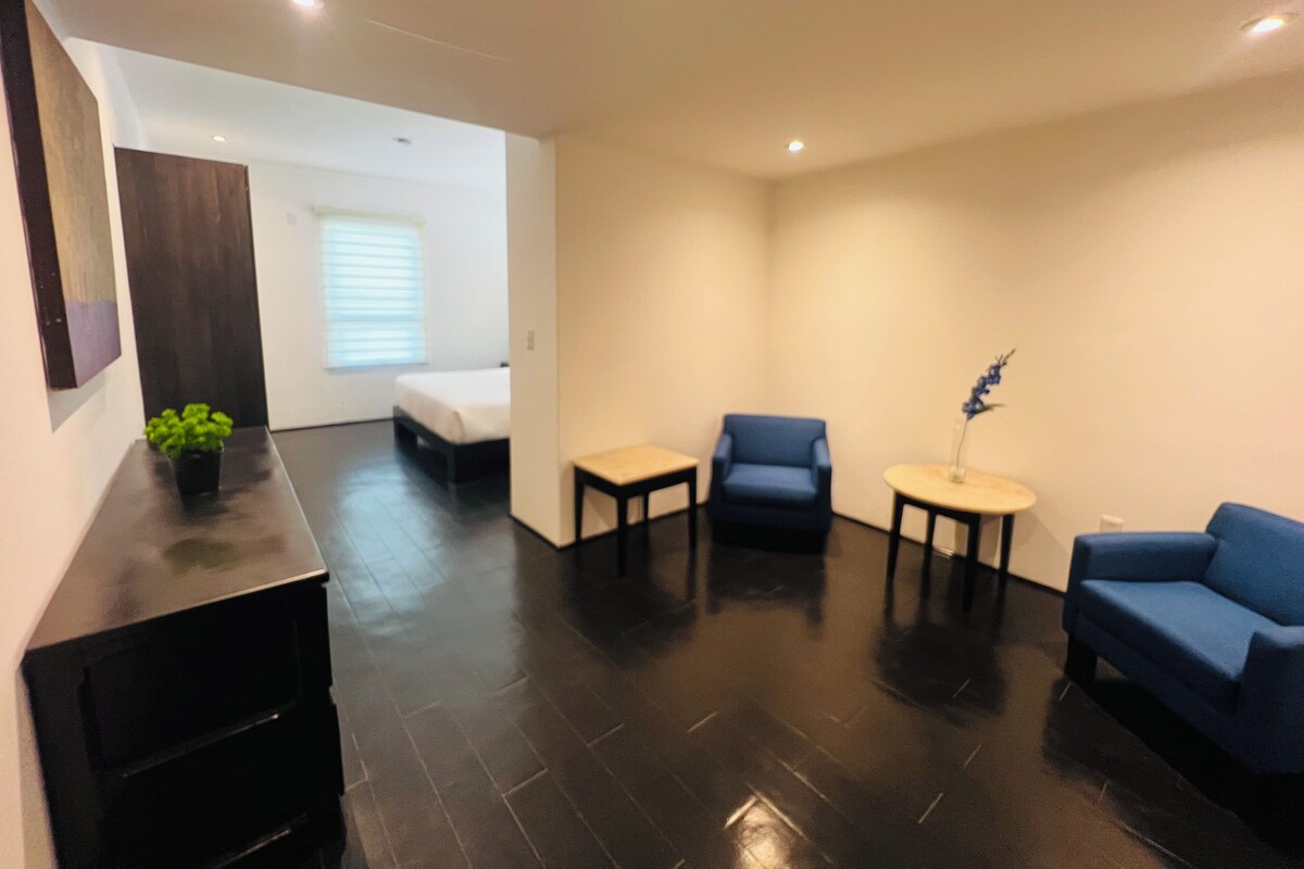 A modern living room with a bed, two blue sofas, a coffee table, and a small table with a plant.