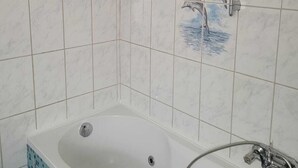 A bathroom with a bathtub, a shower, and dolphin-themed tiles. - Fitters' apartment for two  (Schleiden)