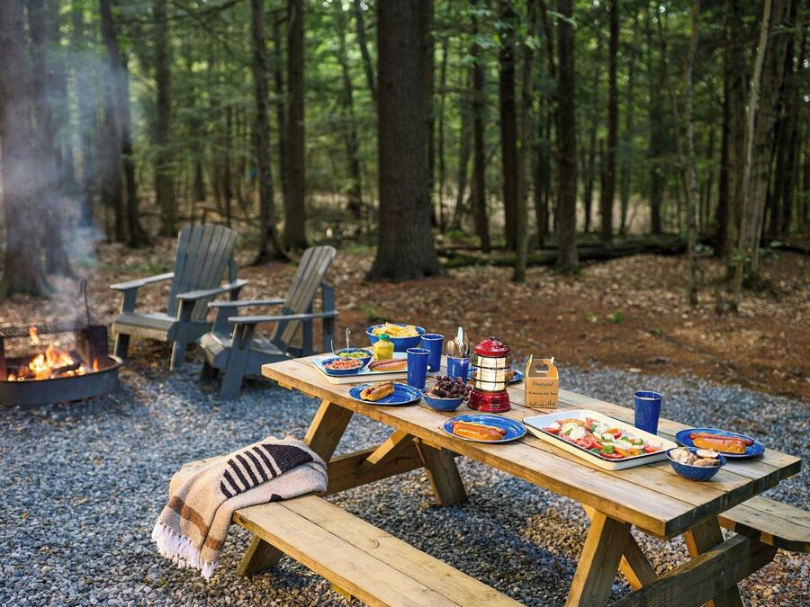 A picnic setup with a fire pit, wooden table, and chairs in a forest.