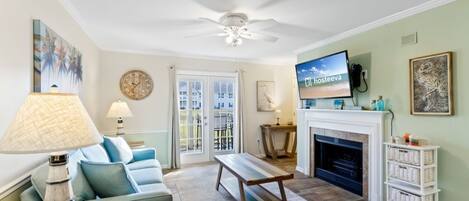 TV, fireplace