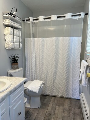 Hair dryer, towels, soap, shampoo