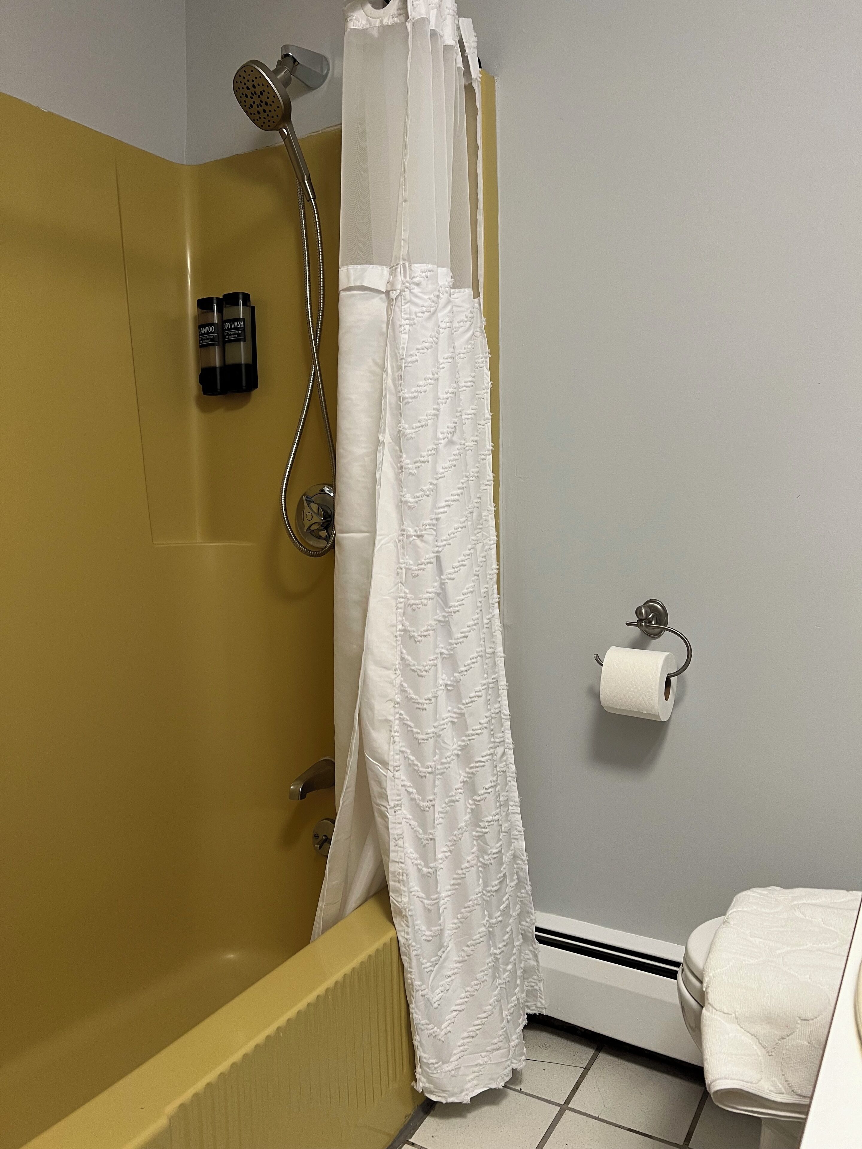 Hair dryer, towels, soap, shampoo