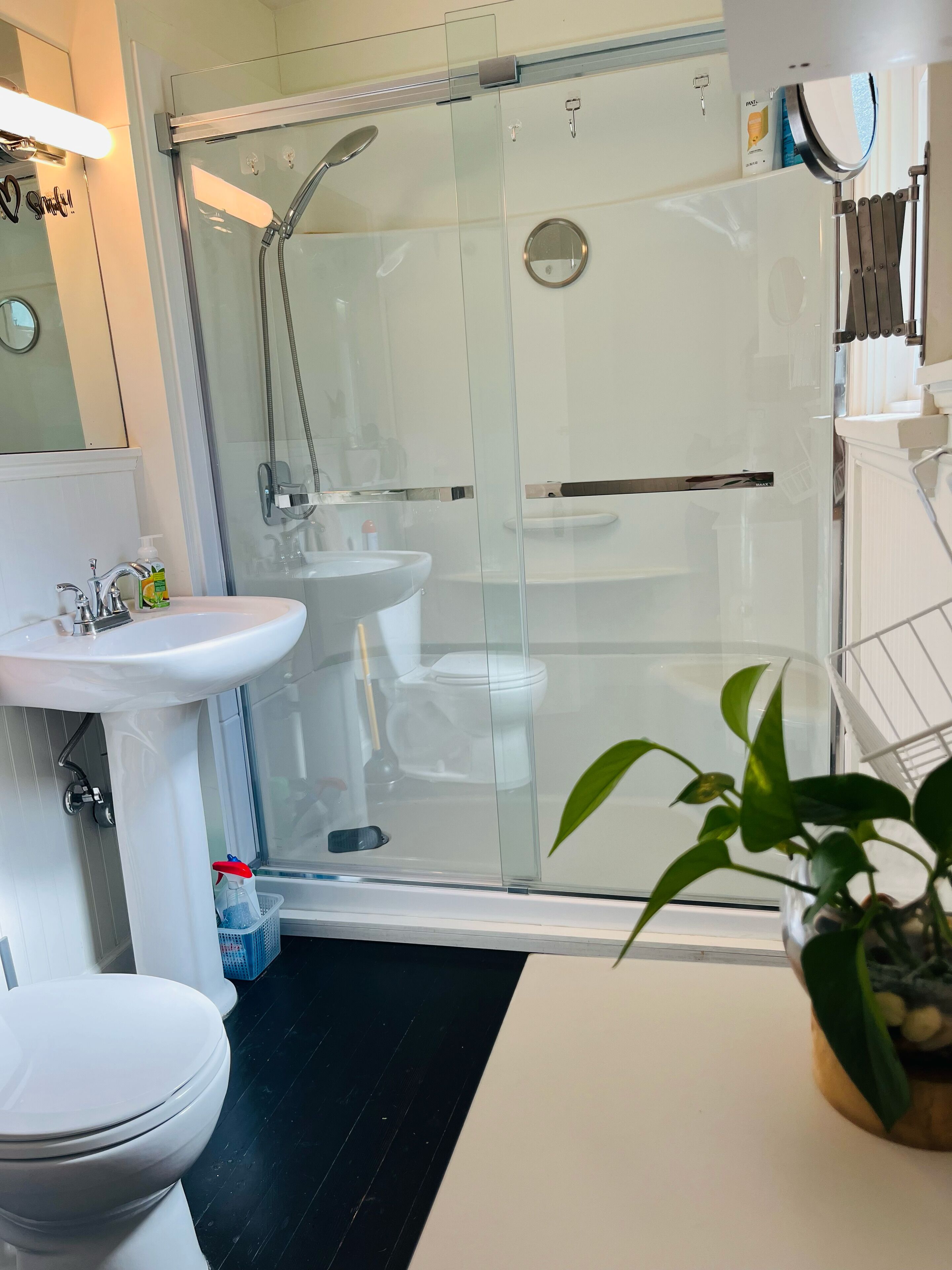 A modern bathroom with a glass-enclosed shower, a white sink, and a toilet.