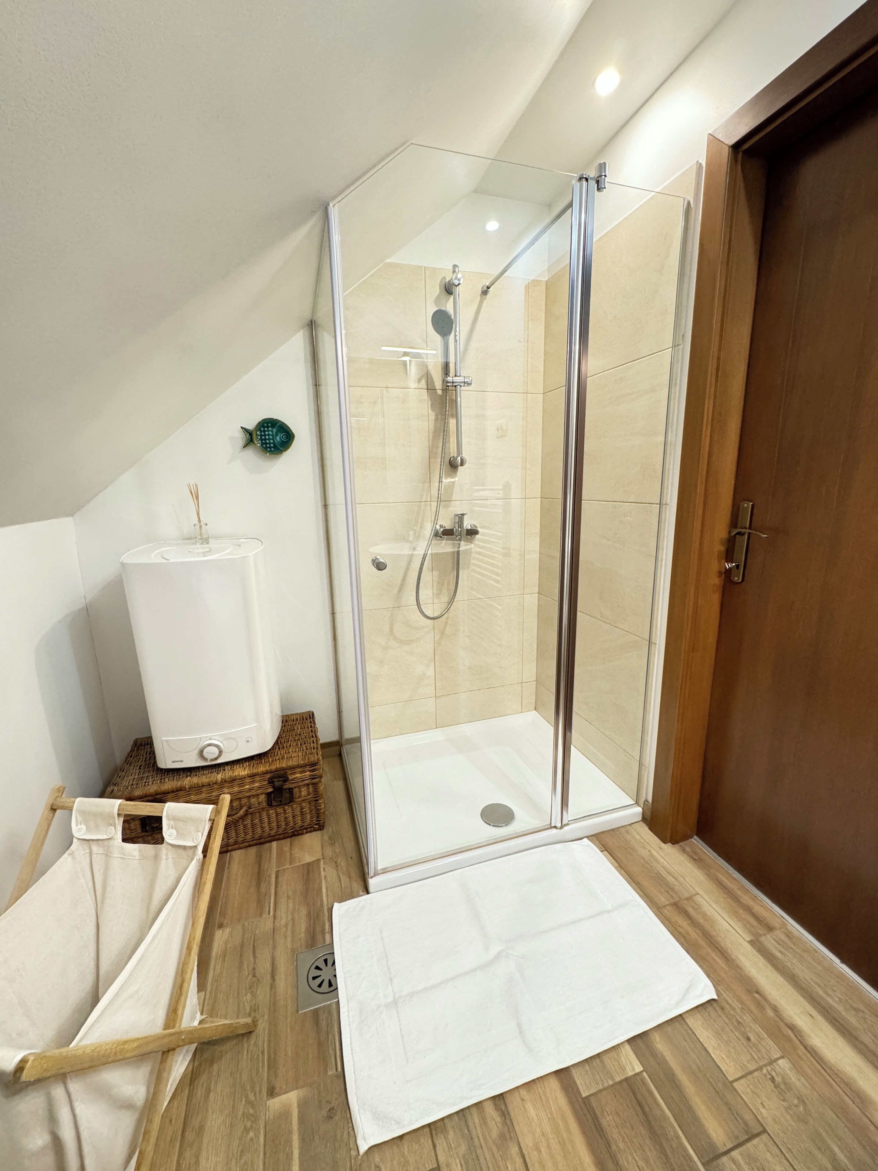 Dusj, hårføner, håndklær og såpe