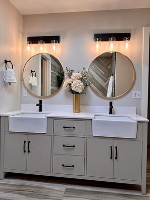 Hair dryer, towels, soap, shampoo