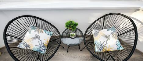 Two black wire-framed chairs with matching cushions, a small round table with a green plant, and a view of trees through a skylight.